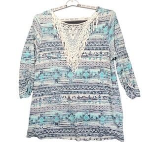 Southwestern Tribal Print Top Turquoise Crochet Lace Tassel Back High Low XL
